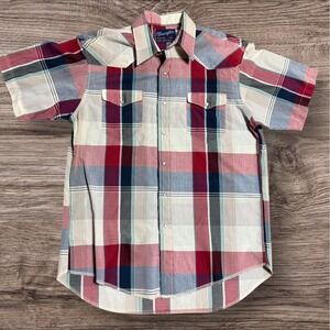 Vintage Wrangler Shirt Mens‎ L Red Plaid Cowboy Cut Pearl Snap X-Long Tails USA